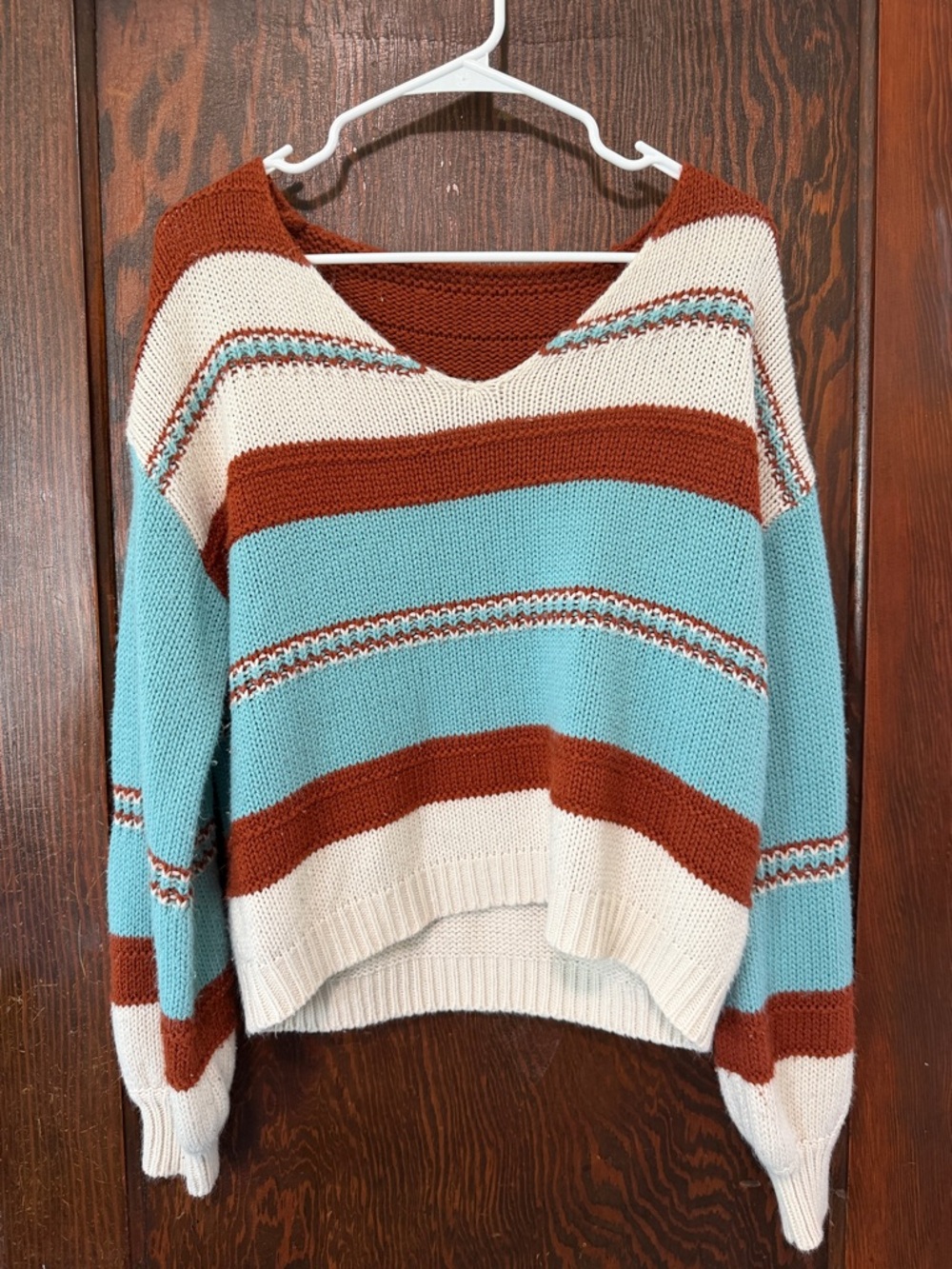 SHEIN Rust, Cream & Light Blue Striped V-Neck Sweater
